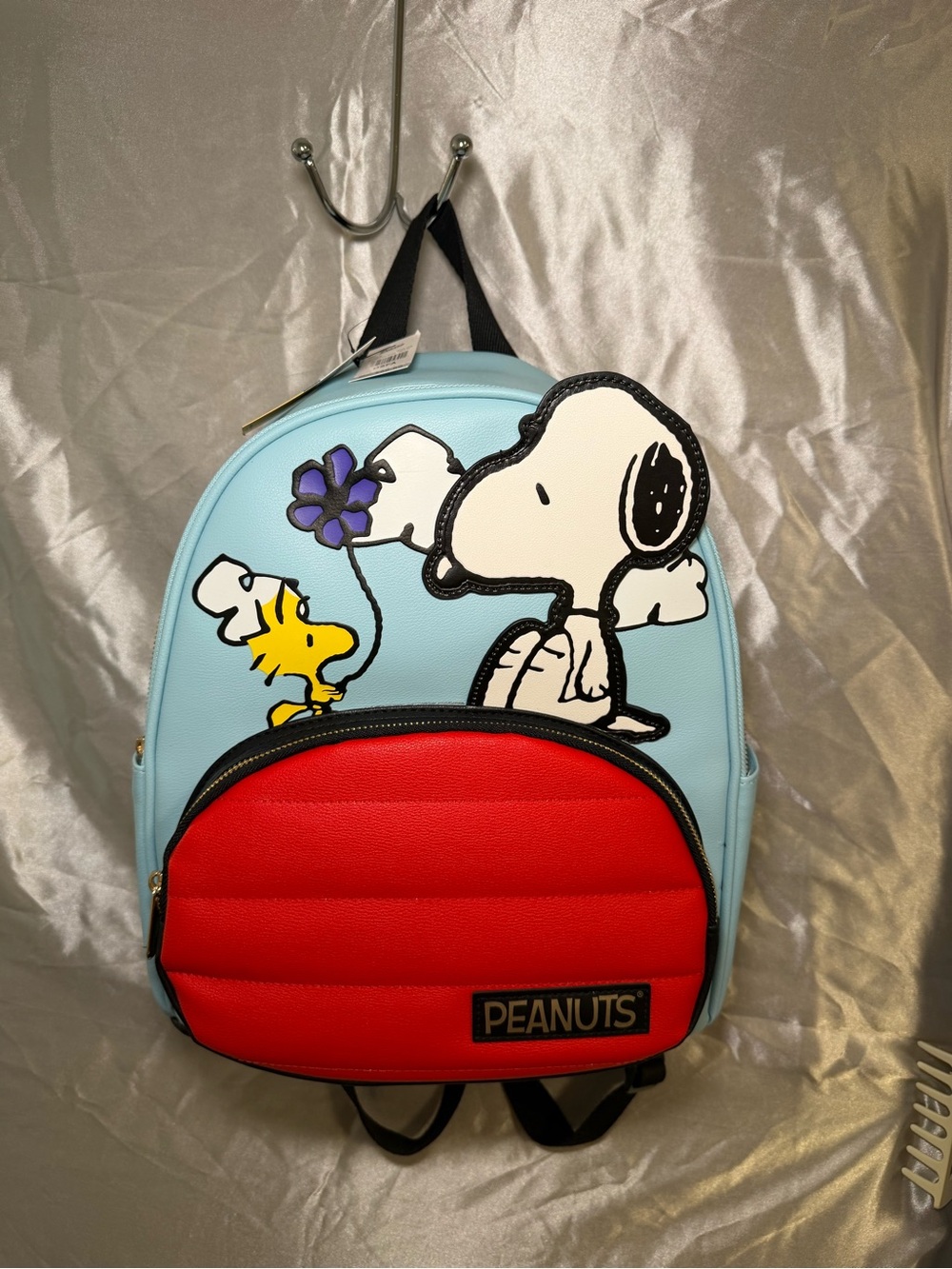 NWT Peanuts Snoopy & Woodstock Light Blue Backpack with Red Front Pocket